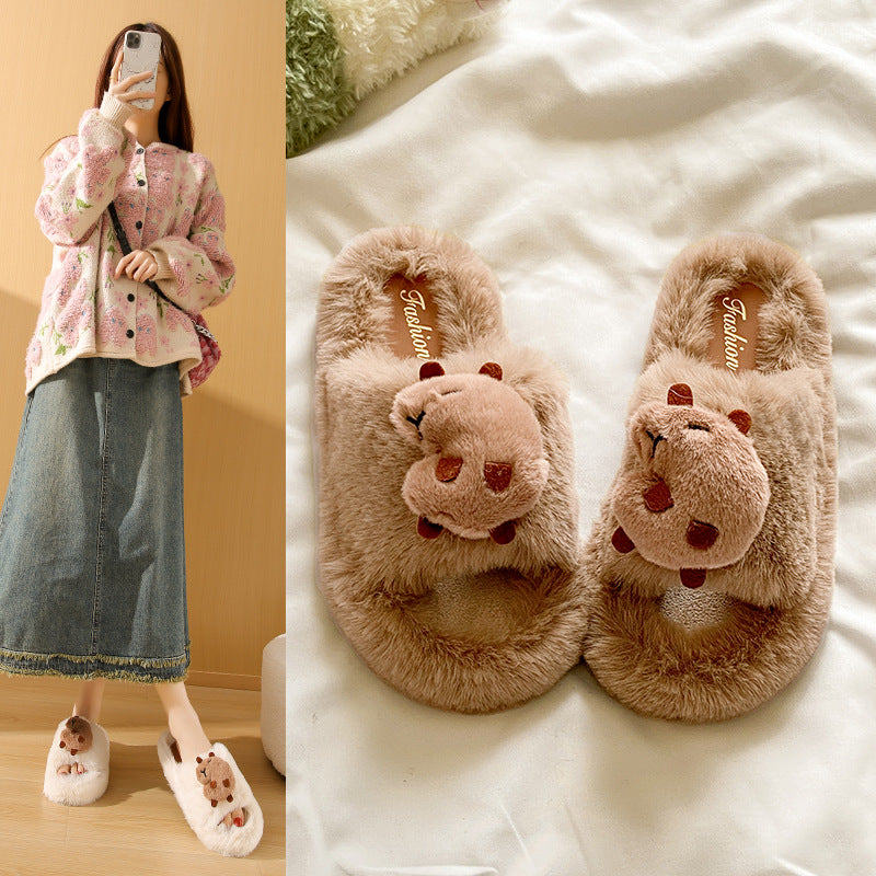 Korean style cartoon cute capybara fuzzy slippers women's autumn/winter new thick sole comfortable one-strap capybara cotton slippers