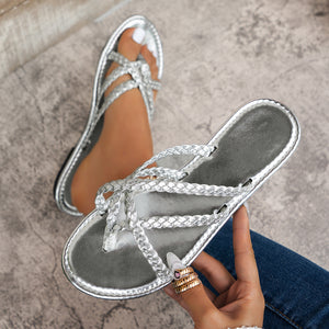 Fashionexportplus sizeflats flip-flops women's cross-border pure color woven flip-flops outwear beach sandals wish