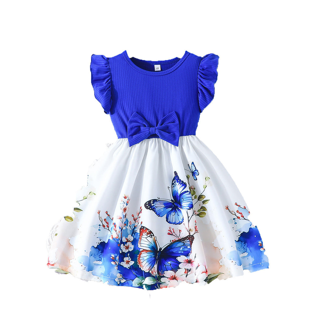 25 years of cross-border expertise – new girls' summer flutter sleeve dress: solid color top with floral print skirt
