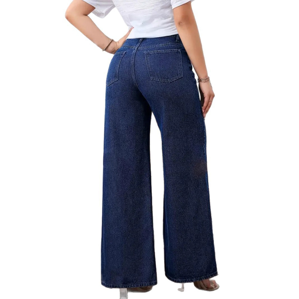 new women's casual jeans  washed trendy wide-leg jeans fashionable dark blue