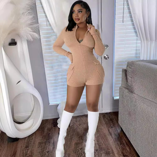 M3127L European and American   autumn and winter explosion threaded sexy pocket tight hip shorts jumpsuit
