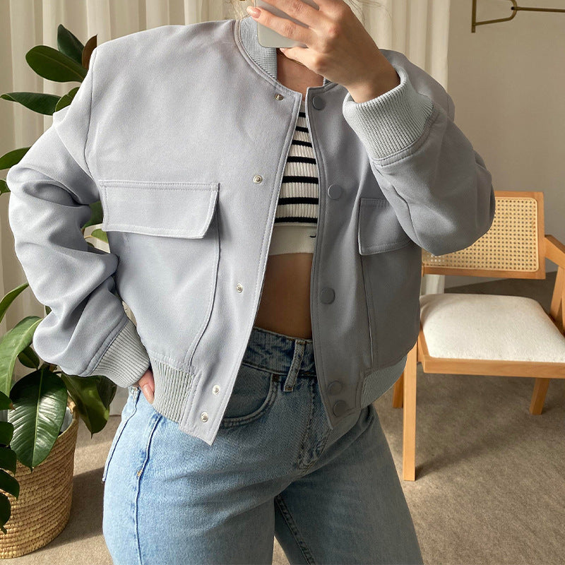 cross-border e-commerce european and american women's clothing: new summer collection - fashionable cropped long-sleeve single-breasted button-up jacket