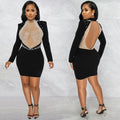 X5681  fashion sexy nightclub rhinestone mesh see-through beaded backless long sleeve midi dress for women