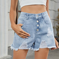 Fashion cross-border summer new women's clothing   slimming look one-row button denim ripped shorts hot pants for women