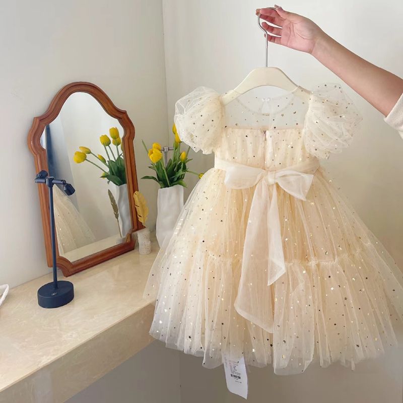 korean style princess dress for girls, summer party dress, baby girl puff sleeve mesh sequin dress for little girls