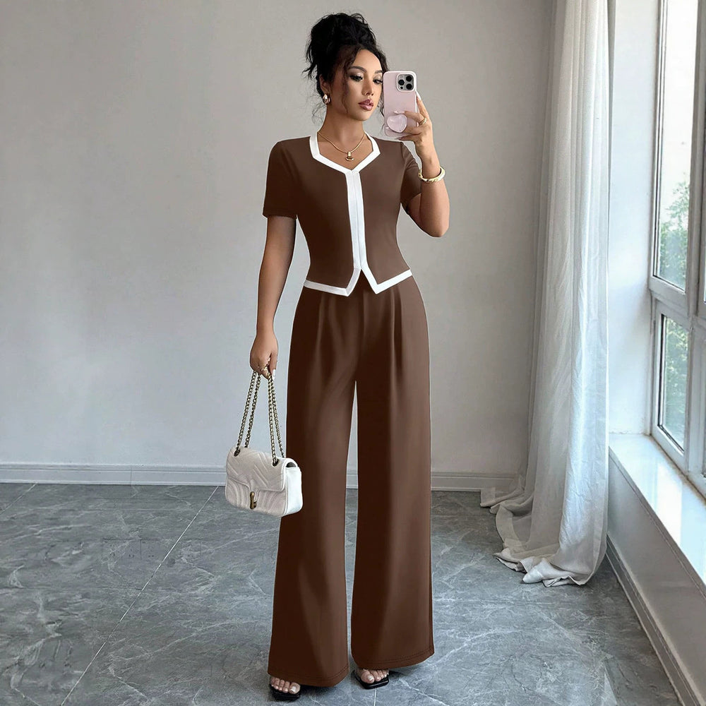 fashionsummernew arrivalcontrast colorv neck short-sleeved topsloose pantssuitwork clothingeleganttwo-piece set