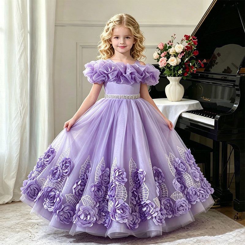 Export kids dress style princess skirt embroider flower beaded tutu skirt host piano wedding dress performance costume