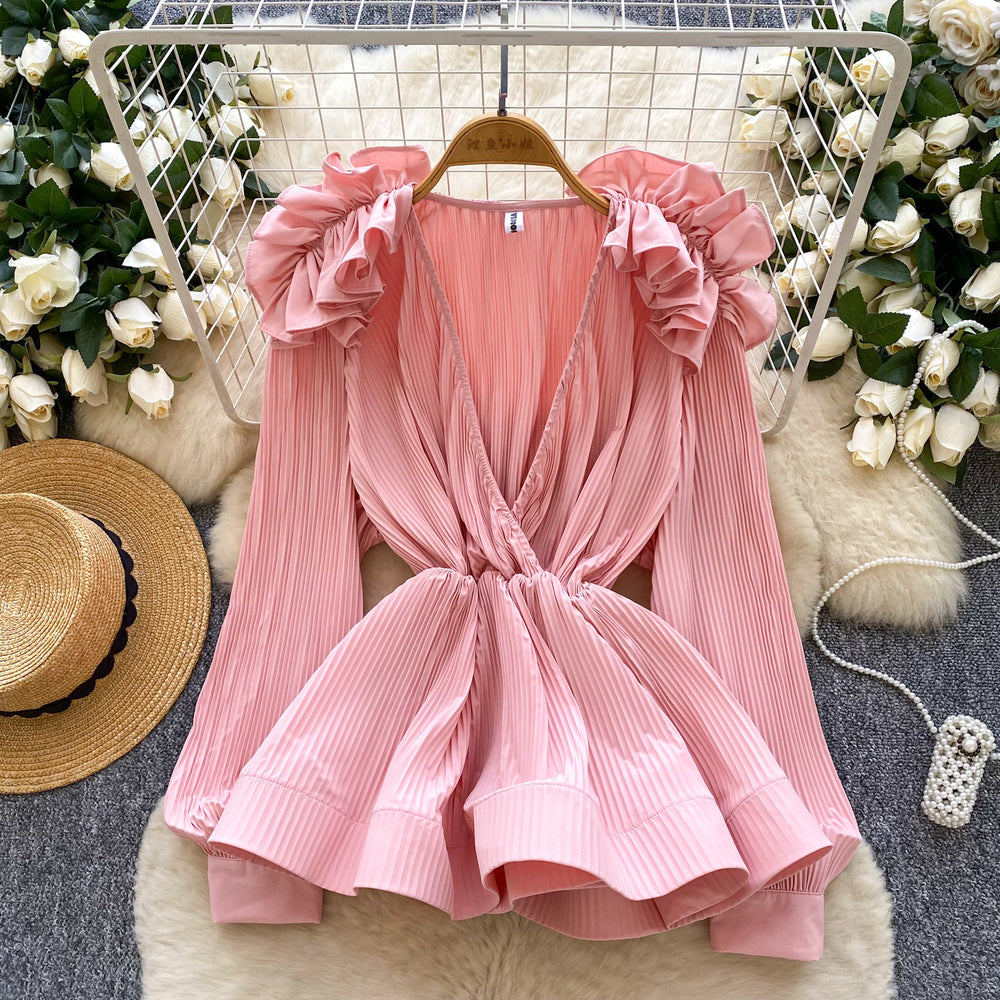 European and american fashion v-neck ruffle trim long sleeve blouse - women's  autumn high-end slim fit ruffle hem top