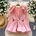 European and american fashion v-neck ruffle trim long sleeve blouse - women's  autumn high-end slim fit ruffle hem top