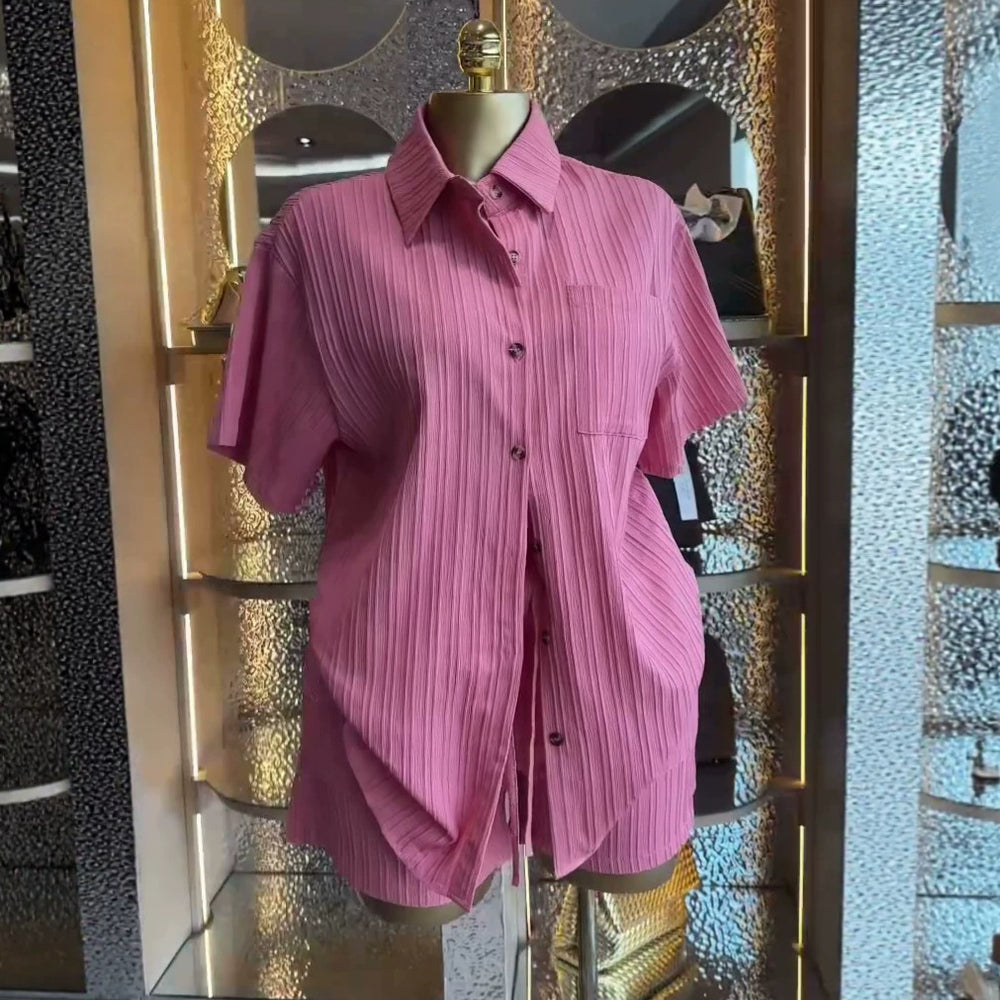 European and american cross-border women's fashion  summer new arrival: elegant sweet loose pink short-sleeve shirt and high-waisted shorts set