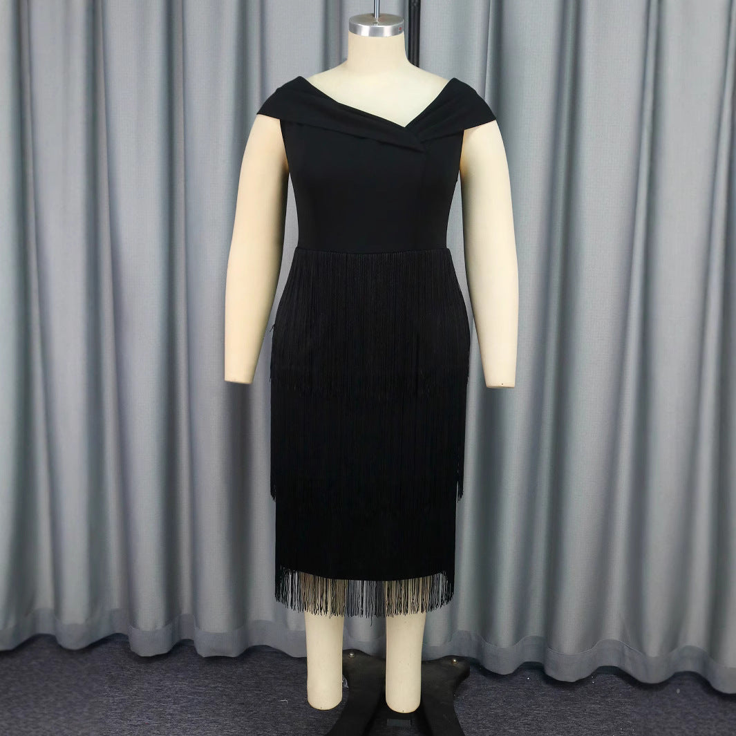 AM041114 Fashion Asymmetrical Neck Sleeveless Tassel Dress, Party Ball Elegant High Waist Dress dresses