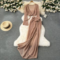 Beach vacation style suit female niche style popular tie back waist long sleevesknitting shirt cut out skirt suit