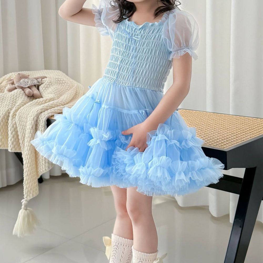 Lingfeng clothing girls' puff sleeve dress -  summer collection - stylish bowknot cake dress for children's day