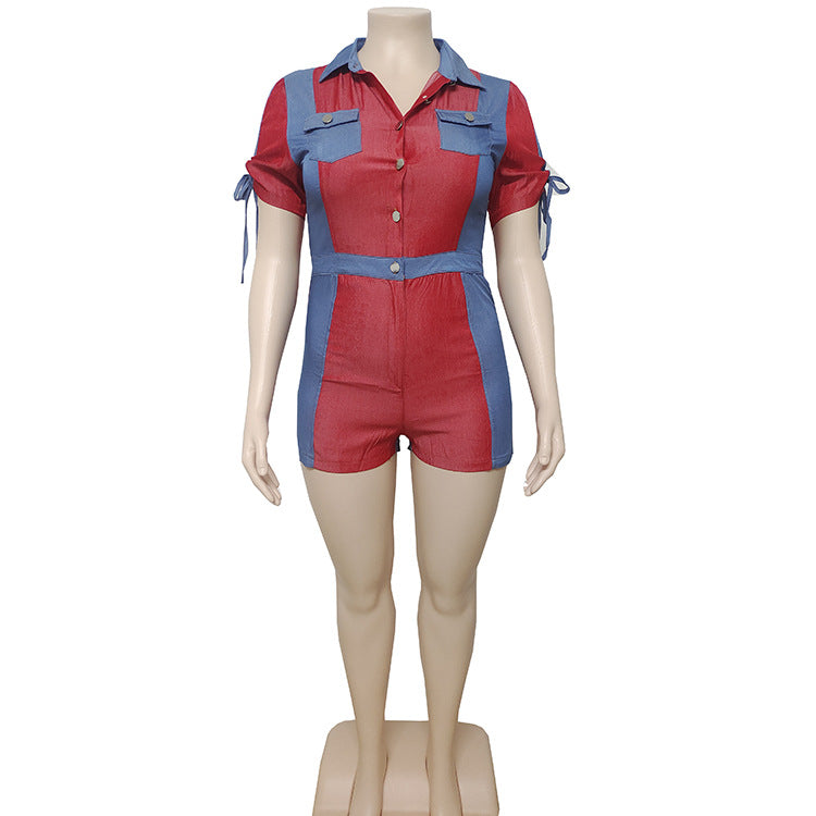 European and american cross-border women's clothing:  summer streetwear casual single-breasted two-tone patchwork short-sleeve denim-style jumpsuit