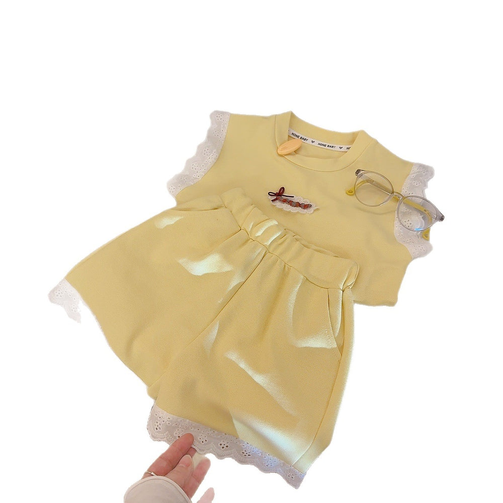 Girls' summer outfit: stylish baby set,  new summer collection, kids' lace sleeveless tank top and shorts two-piece set - wholesale
