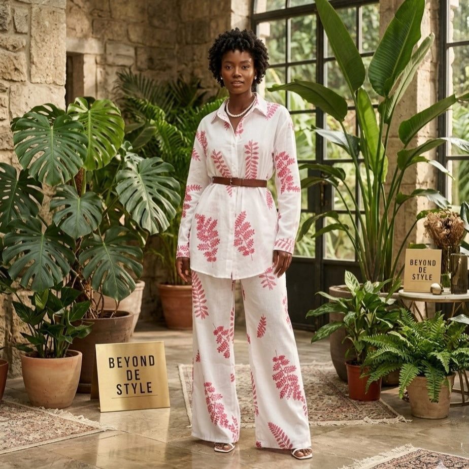 European and american cross-border women's fashion:  spring new collection - stylish turn-down collar printed loose-fit shirt and wide-leg trousers casual set
