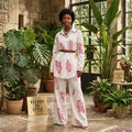 European and american cross-border women's fashion:  spring new collection - stylish turn-down collar printed loose-fit shirt and wide-leg trousers casual set