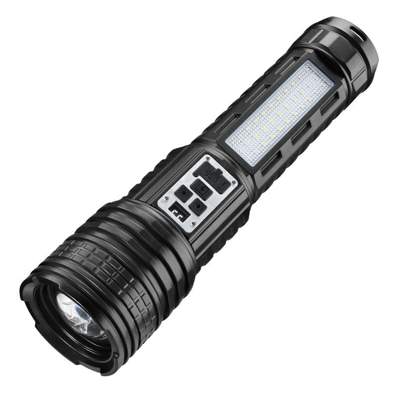 Cross-border new white laser flashlight USB charging white yellow light + red and blue warning side light tactical strong light flashlight