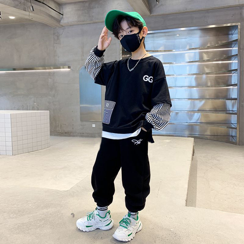 Kids' fall outfit: boys' hoodie set - spring/autumn  new arrival - faux two-piece, street style cool, big & tall kids' activewear
