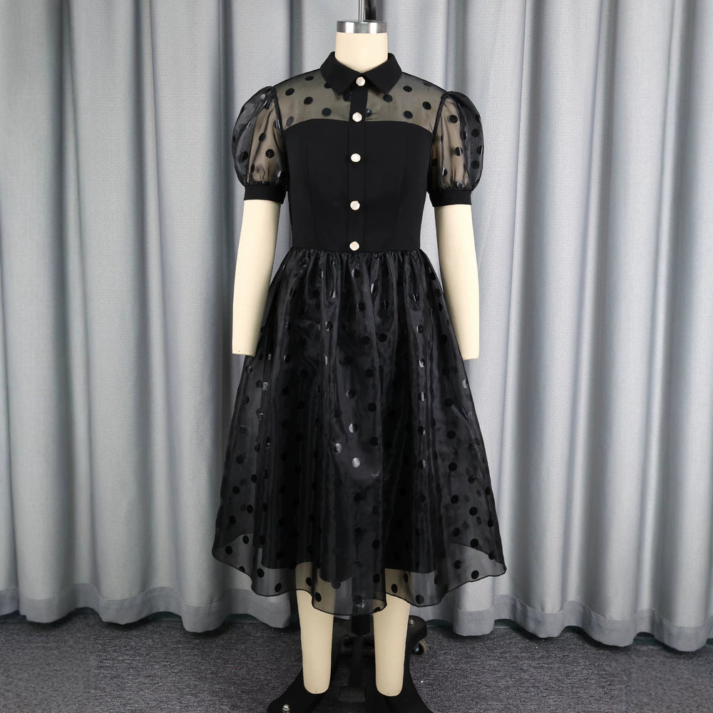 Trendy new mesh polka dot dress - cinched waist, shirt collar, black commute-ready retro style dress