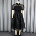 Trendy new mesh polka dot dress - cinched waist, shirt collar, black commute-ready retro style dress