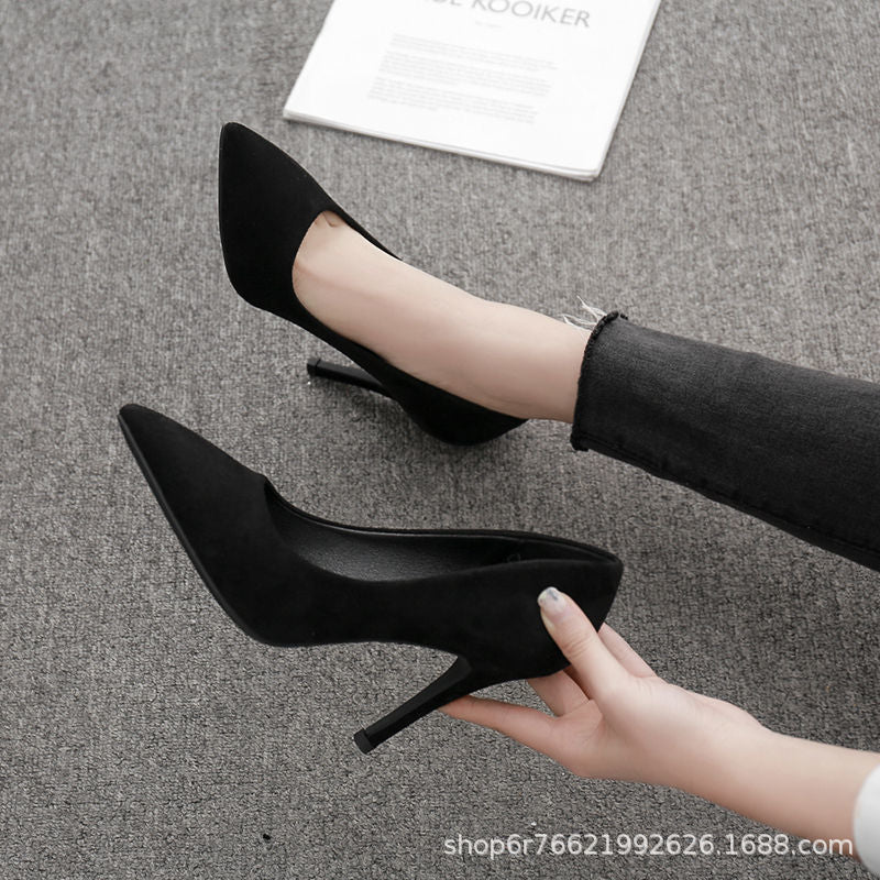 High heels for women 2024 spring and autumn new arrival black stiletto pointed toe flats suede professional shoes exportplus size etiquette shoes