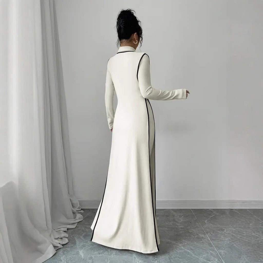 European and American  independent station women's elegant turtleneck contrasting color small pit strip vest long jacket long sleeve dress set