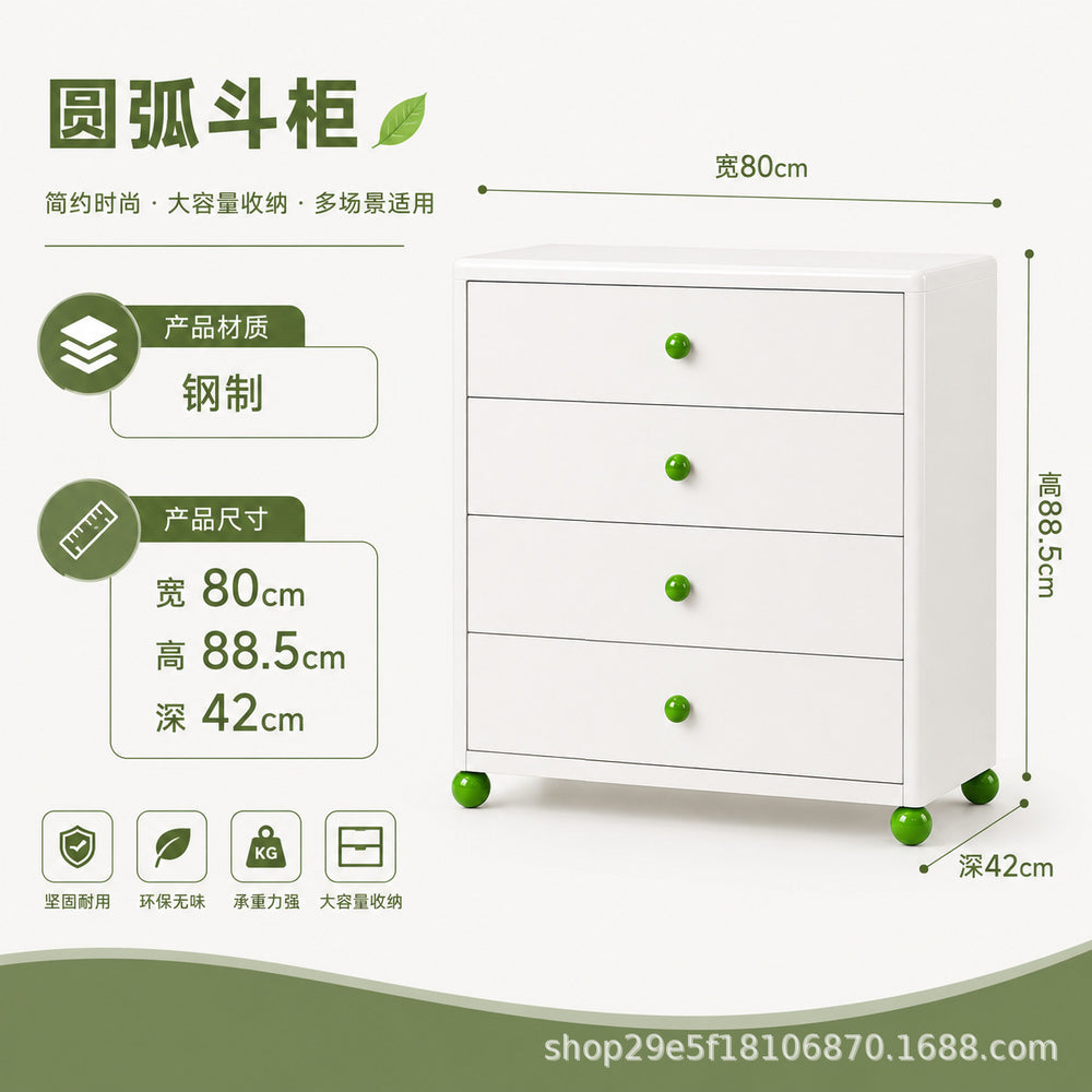 new steel low cabinet with rounded corners, freestanding five-drawer unit, wall-mounted integrated storage cabinet, kids' organizer