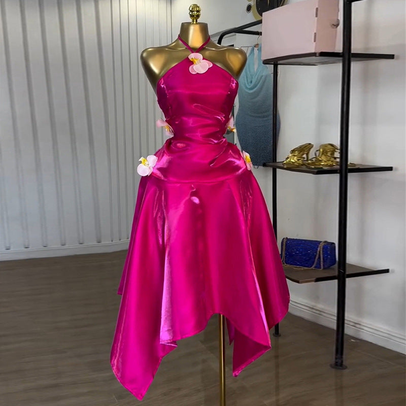 European and american cross-border women's fashion:  summer new arrivals - sexy and elegant butterfly embellished high-waisted halter neck asymmetrical dress