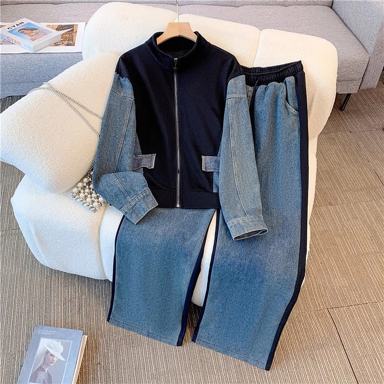 Color block zipper faux two-piece top and wide leg pants set - women's summer plus size activewear - slimming two-piece outfit