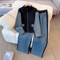Color block zipper faux two-piece top and wide leg pants set - women's summer plus size activewear - slimming two-piece outfit
