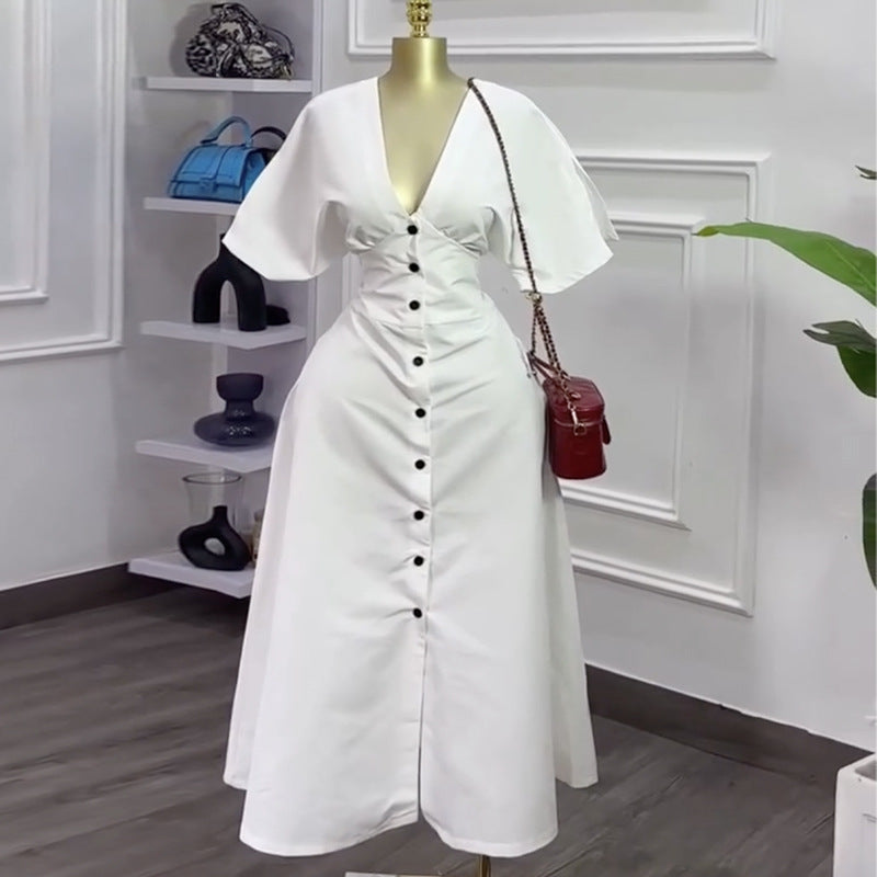 European and american cross-border women's fashion:  spring new arrival - stylish v-neck button-down waist-defining white short-sleeve midi dress