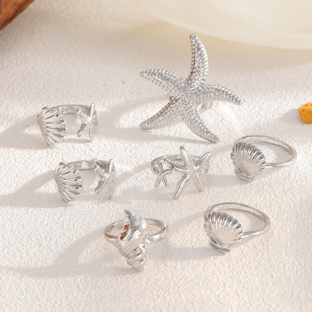 Wholesale ring sets: cross-border ocean-inspired jewelry - starfish, seashell, knuckle rings, irregular ins-style stackable rings