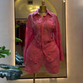 European and american cross-border women's fashion:  summer new arrival - chic and elegant pink diamond-embellished long-sleeve blouse and shorts set