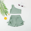 Summer kids' tank top & shorts set - european & american style - solid color off-shoulder cami with shorts - girls' short sleeve outfit (2-piece)