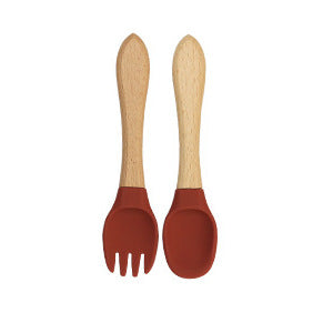 Factory direct sales silicone wooden handle complementary food fork and spoon  baby spoon baby training eating fork and spoon set wholesale