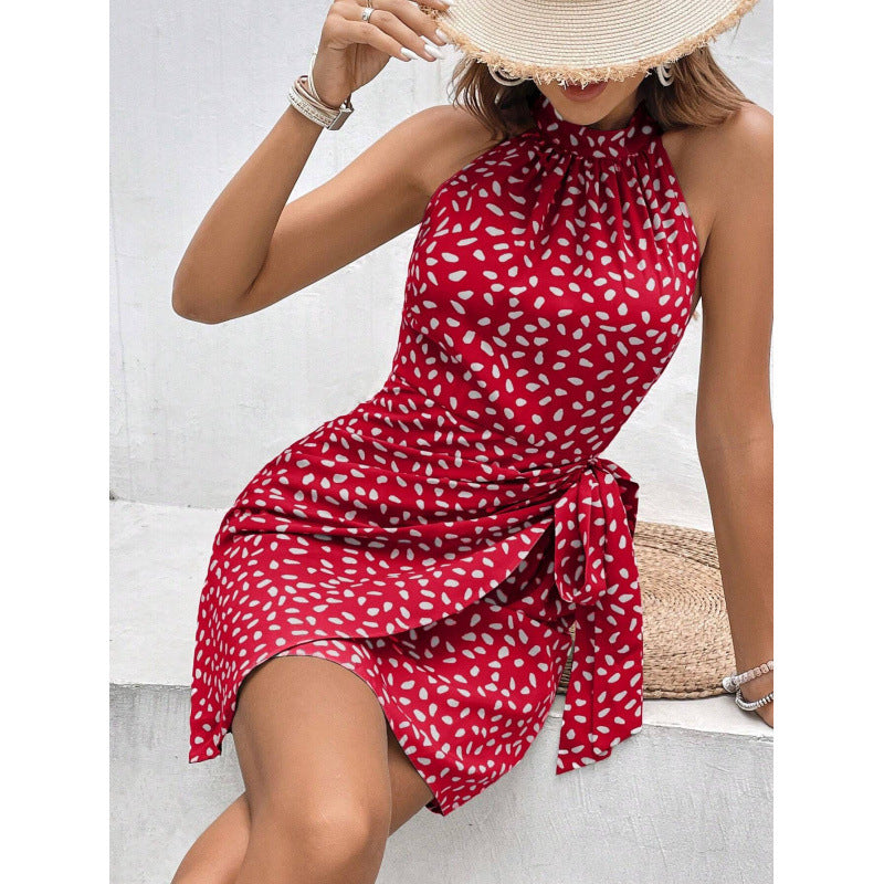european and american cross-border women's summer fashion new style halter neck zipper sleeveless floral ruched mini dress