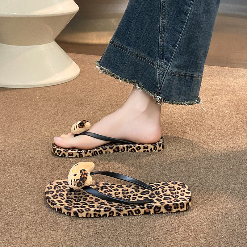 Cartoon new arrivalcute leopard print flip-flops inssummer home foreign trade flat bottom casual beach sandals women