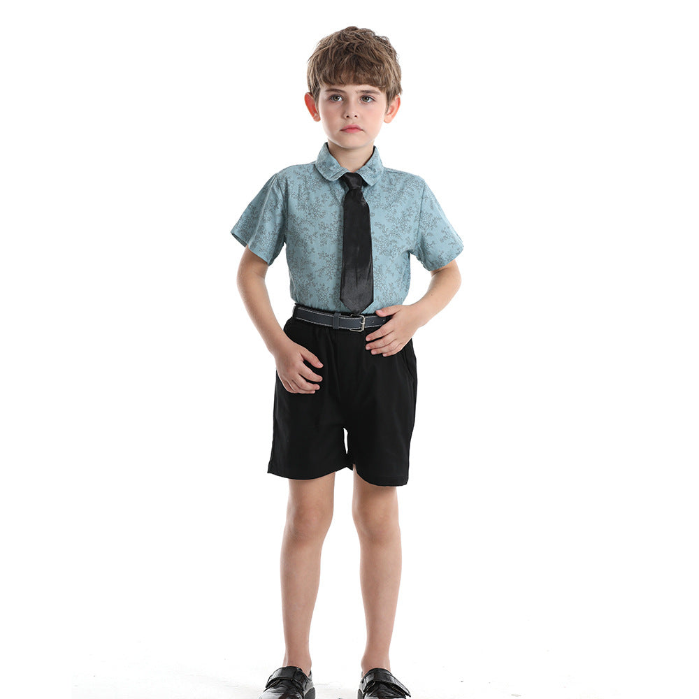 boys' summer floral suit, new kids' stylish short-sleeved floral shirt with trendy tie, baby formal wear