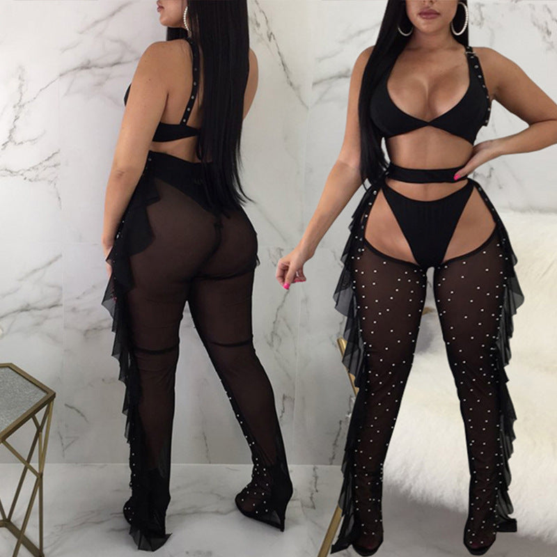 new arrival: cross-border  fashion - european & american style sexy mesh beaded ruffle trim bodycon set - tiktok trending