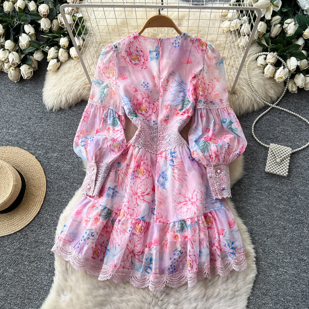 French floral long sleeve v-neck bodycon dress - slim fit, figure-flattering, high-end, elegant a-line skirt