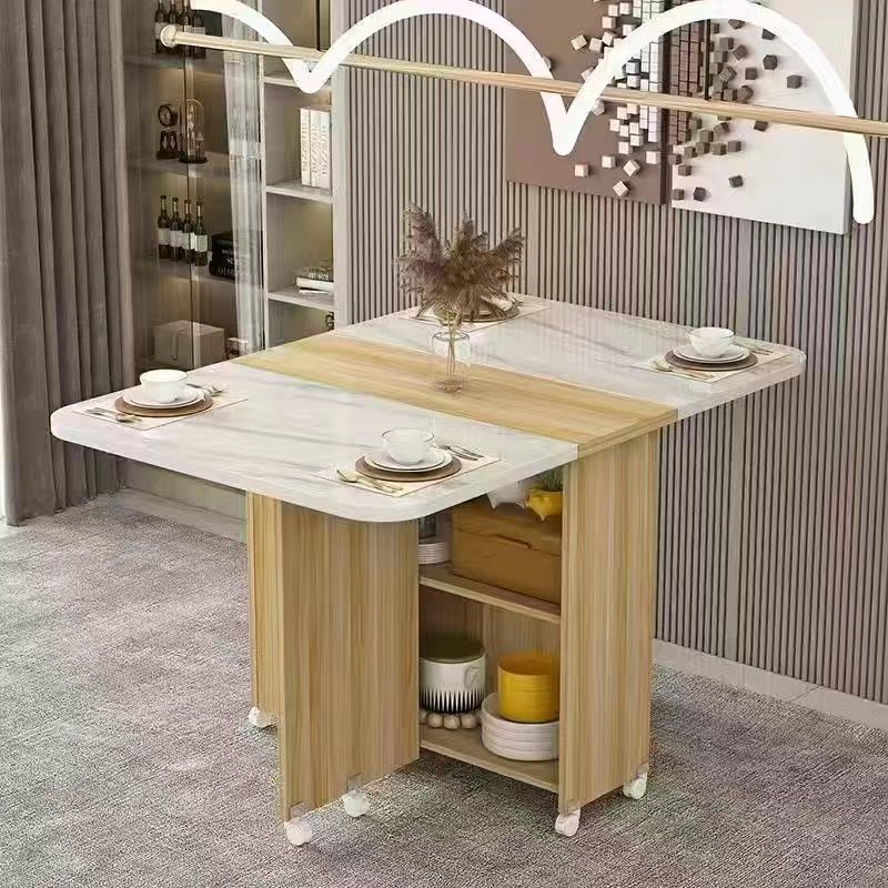 Simple round foldable dining table small apartment home movable wheeled rectangular minimalist multifunctional dining table
