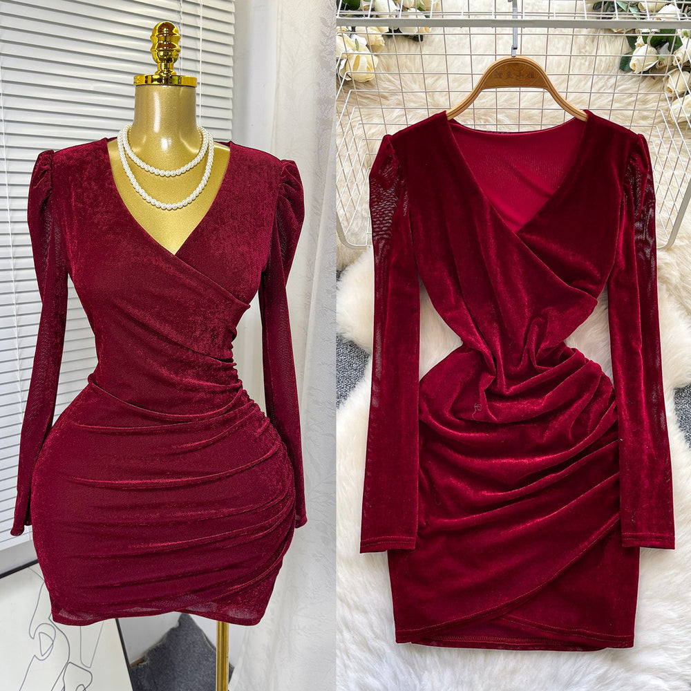 Exportelegantv neck velvet long sleevesdress women's spring & fallelegant cross waist elastic slimming look hip-covering short skirt
