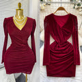 Exportelegantv neck velvet long sleevesdress women's spring & fallelegant cross waist elastic slimming look hip-covering short skirt