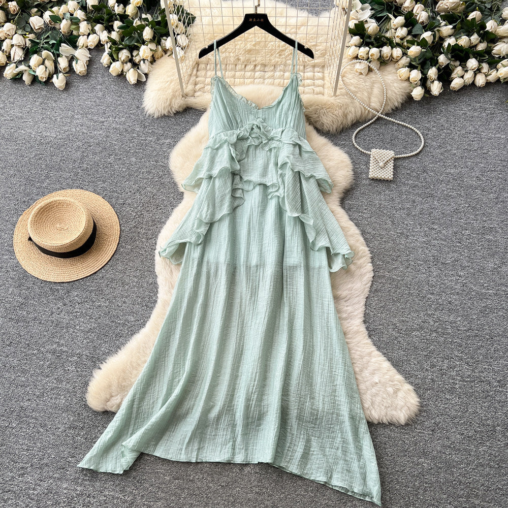 Vacation style halter suspender pure lust style dress women's summerk-stylerufflesv neckhigh waistslimming look long skirt