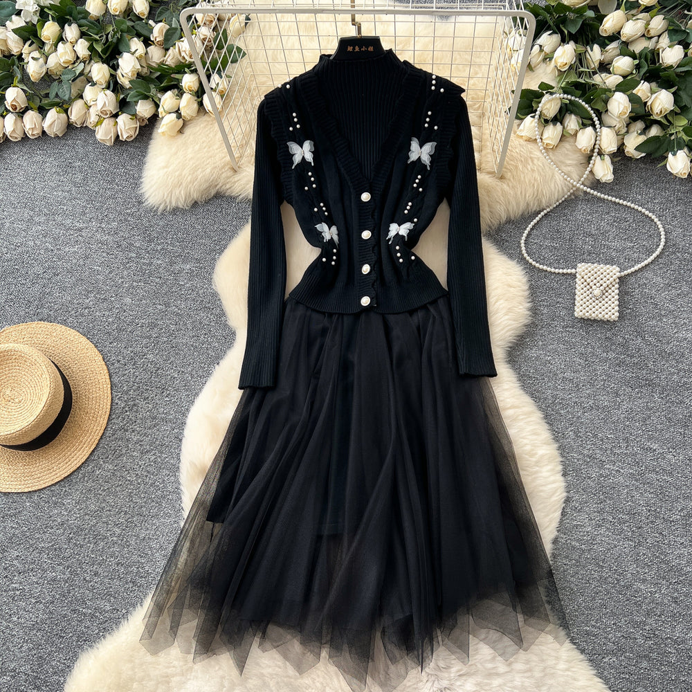 Women's fall/winter layering set: new long-sleeve knit & mesh panel dress + beaded sleeveless vest