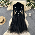 Women's fall/winter layering set: new long-sleeve knit & mesh panel dress + beaded sleeveless vest