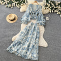 French romantic floral print two-piece set for women - autumn collection, high-end v-neck, cinched waist, mesh midi skirt outfit