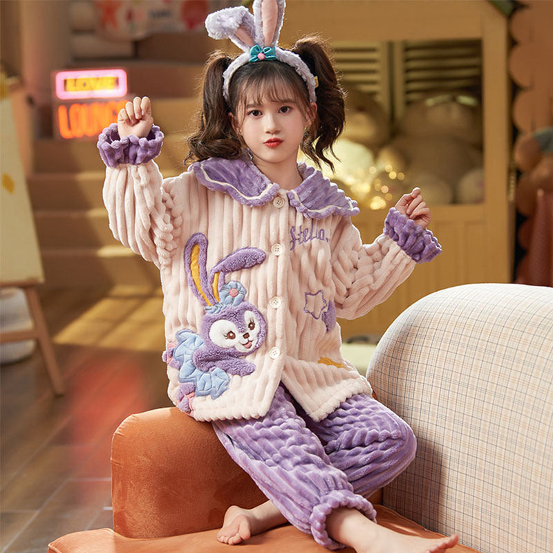 Princess style cute stellalou girls' flannel pajamas - winter coral fleece sweet peter pan collar warm loungewear