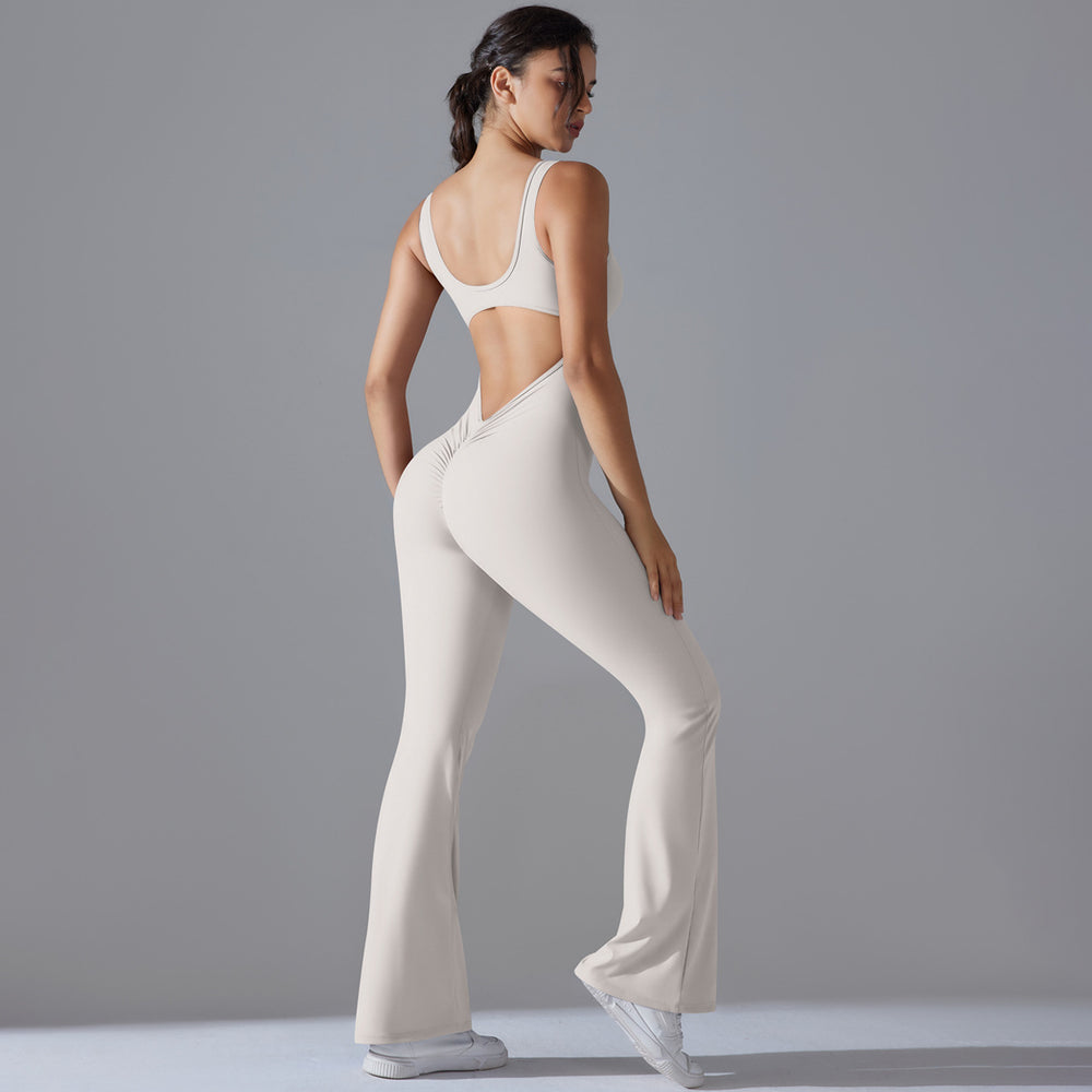 European and american cutout back bodysuit peach lift quick-dry tight workout gym outfit flare leg yoga jumpsuit for women